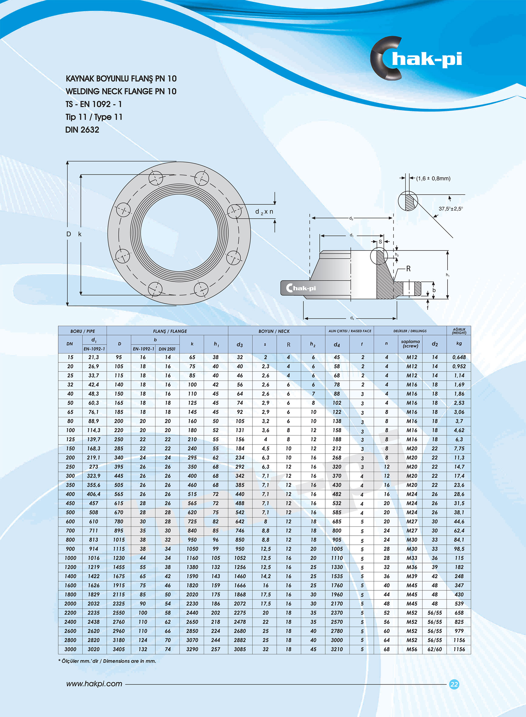 Pn 10 Kaynak Boyunlu Flanş TS-EN 1092-1 / TİP 11 / DIN 2630