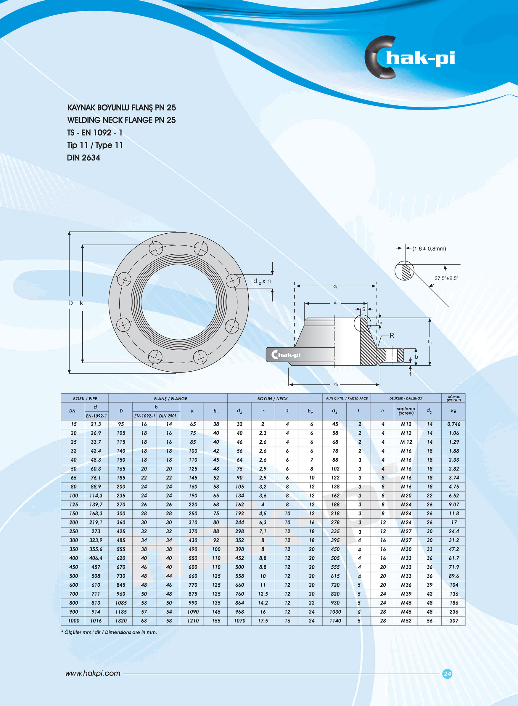 Pn 25 Kaynak Boyunlu Flanş TS-EN 1092-1 / TİP 11 / DIN 2630