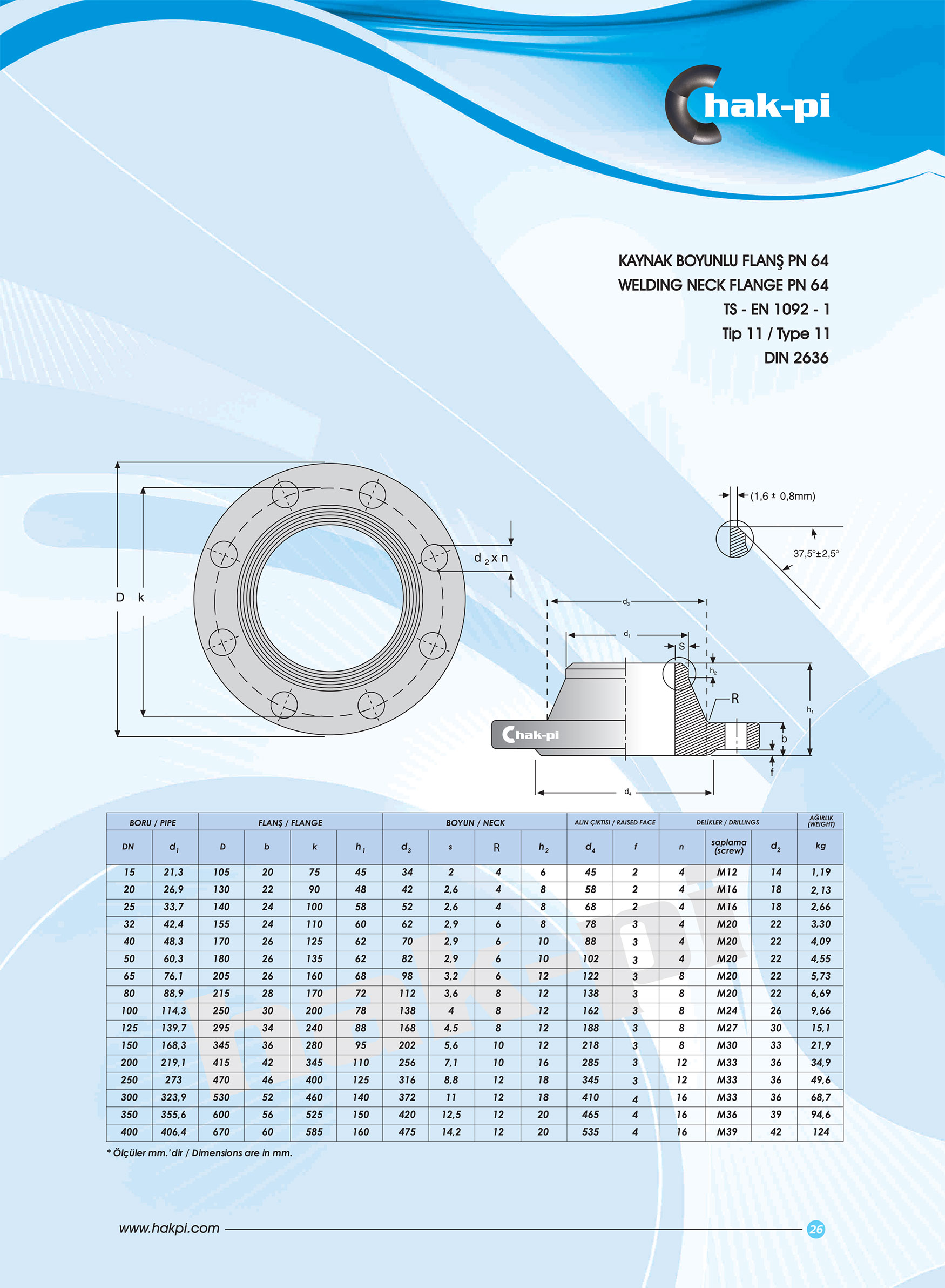 Pn 64 Kaynak Boyunlu Flanş TS-EN 1092-1 / TİP 11 / DIN 2630