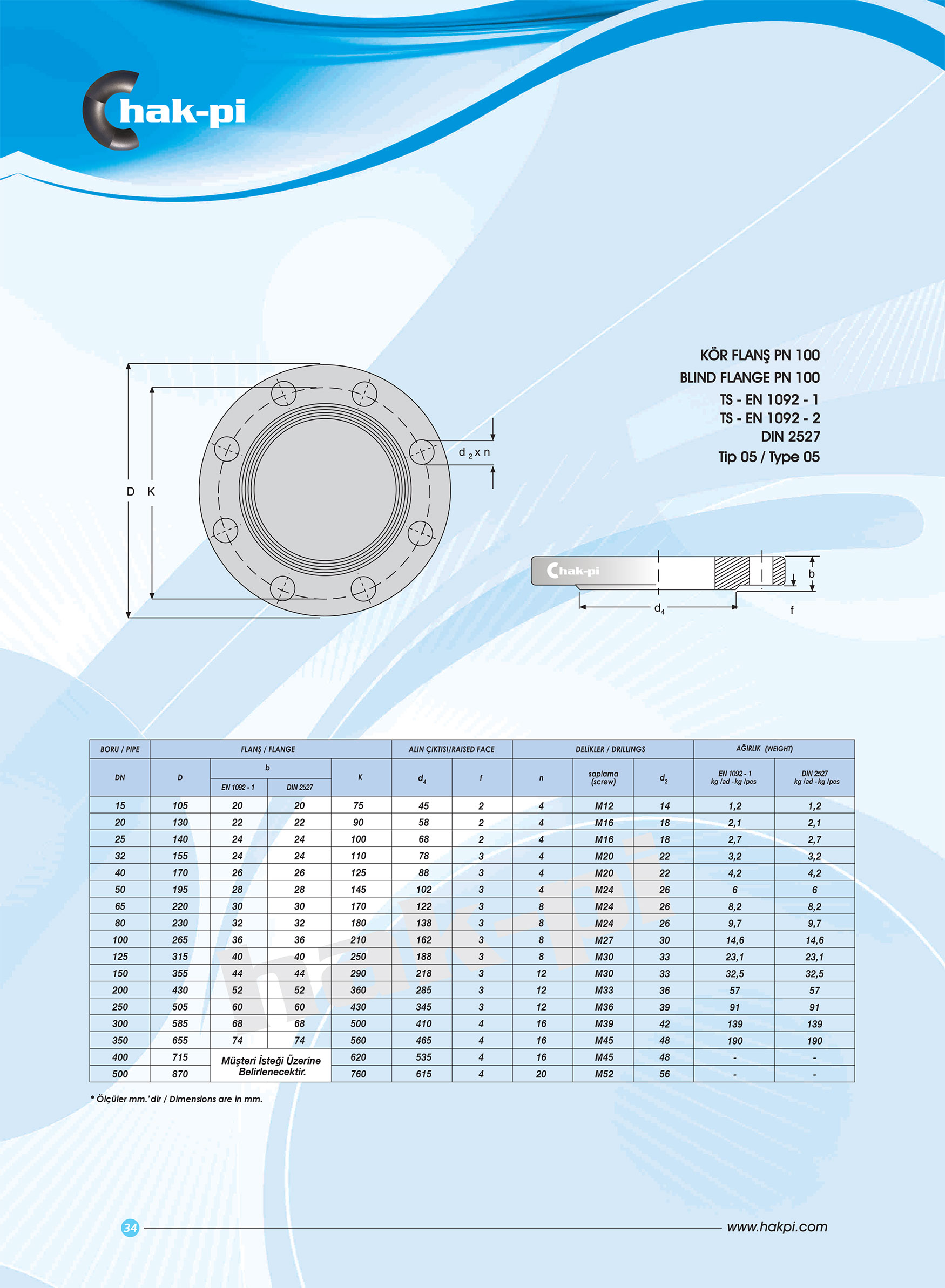 Pn 100 Çelik Kör Flanş TS-EN 1092-1 / TİP 05 / DIN 2527