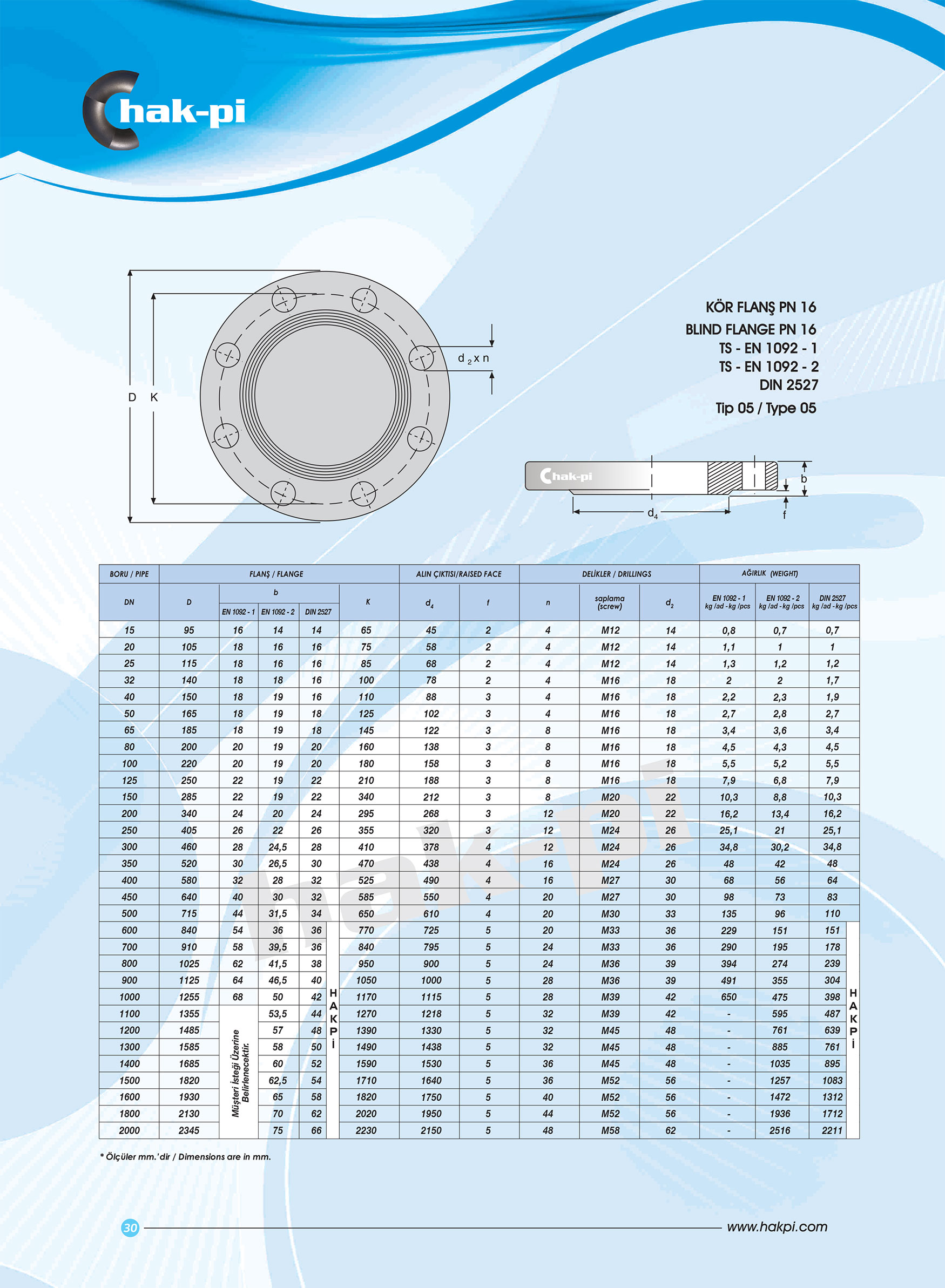 Pn 16 Çelik Kör Flanş TS-EN 1092-1 / TİP 05 / DIN 2527